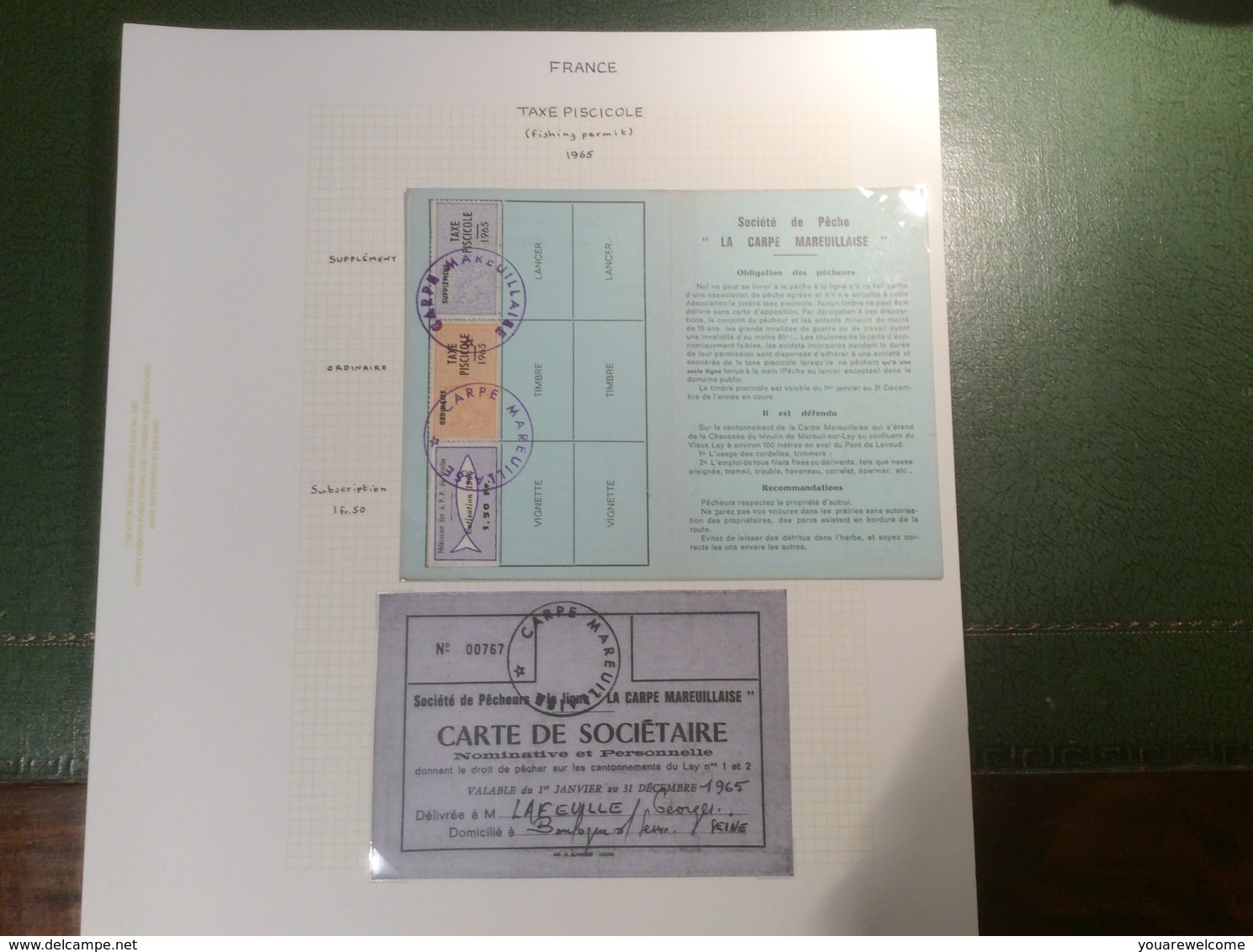 France COLLECTION timbres fiscaux taxe piscicole (pêche) 1943-2003 (fiscal fishing revenue stamps poisson