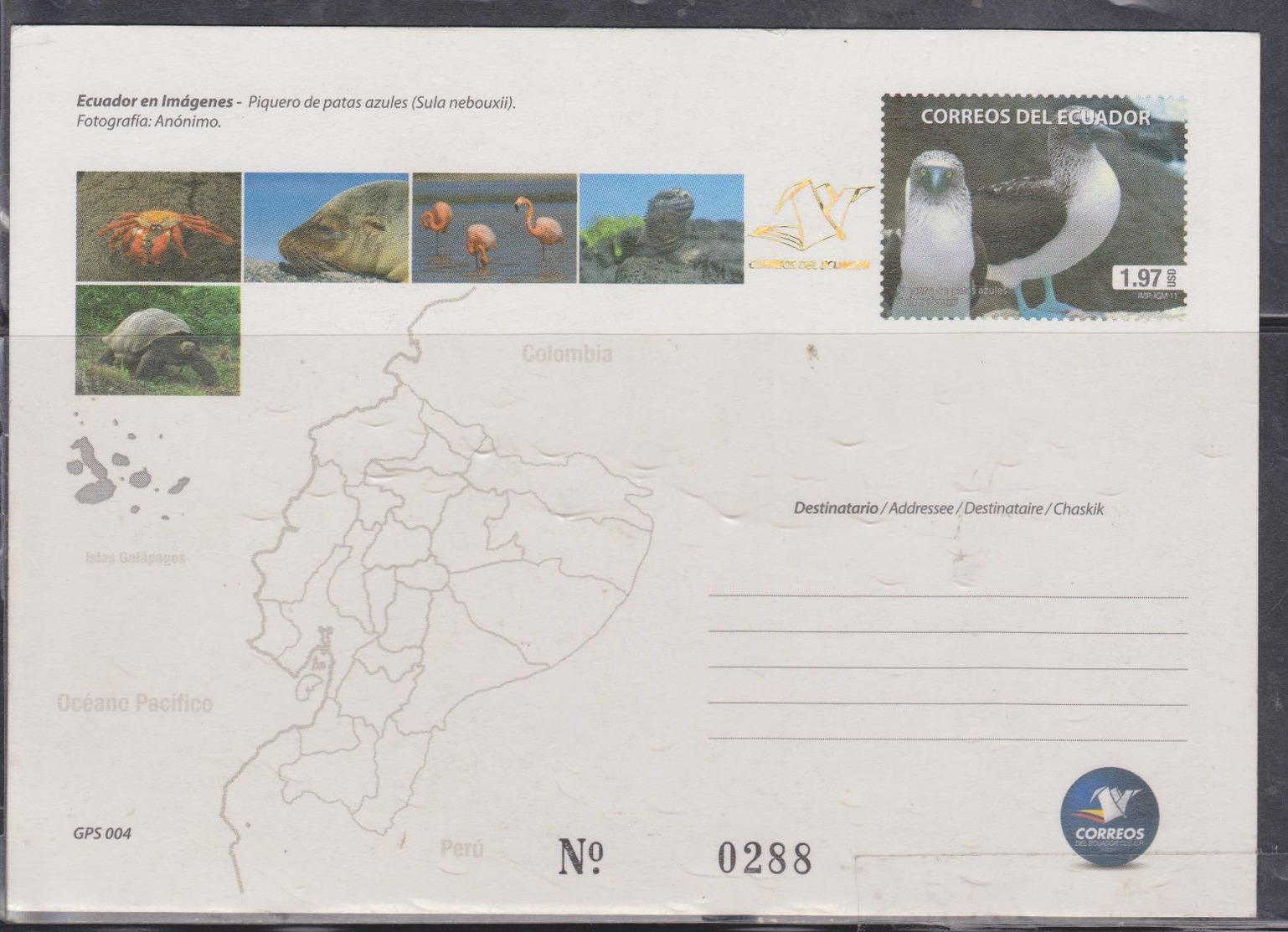 ECUADOR 2012 POSTAL STATIONARY GALAPAGOS ISLANDS PIQUERO BLUE LEGS - Equateur