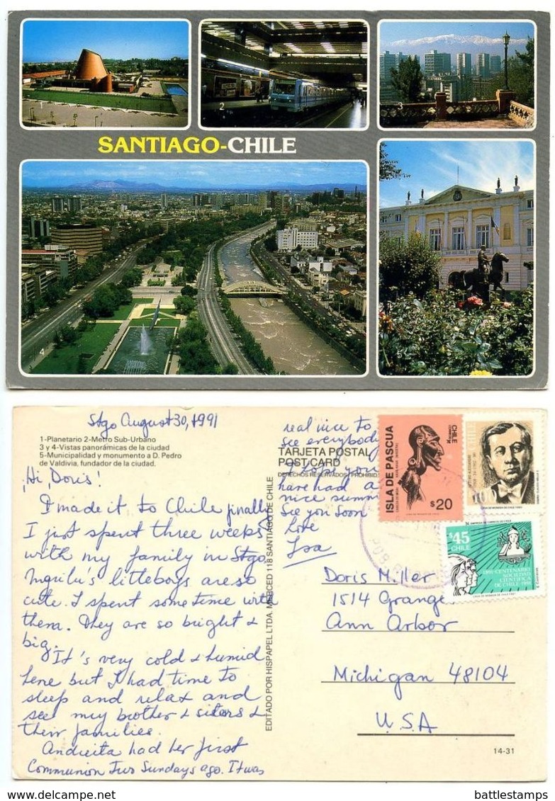 Chile 1991 Postcard Santiago - Planetarium, Metro Subway, Panoramic Views To U.S. - Chile