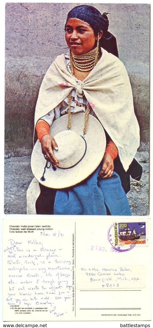 Ecuador 1989 Postcard Otavalo - Indian, Quito To U.S. W/ Scott 1266 UPAEP - Ecuador