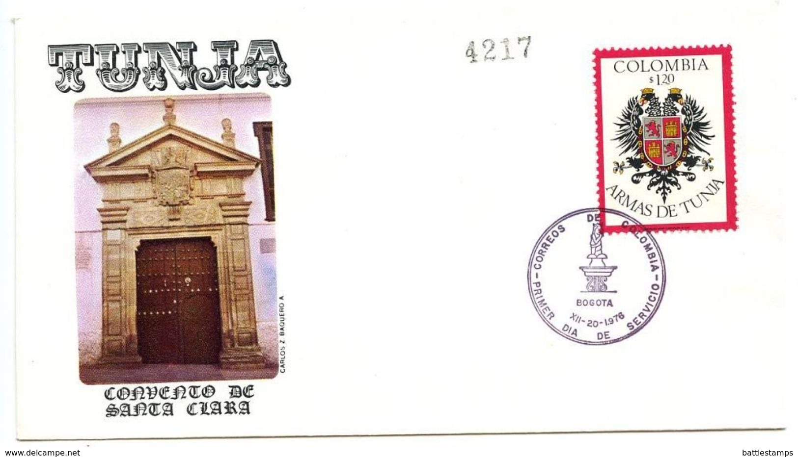 Colombia 1976 Scott 834 FDC Coat Of Arms - Tunja - Colombia