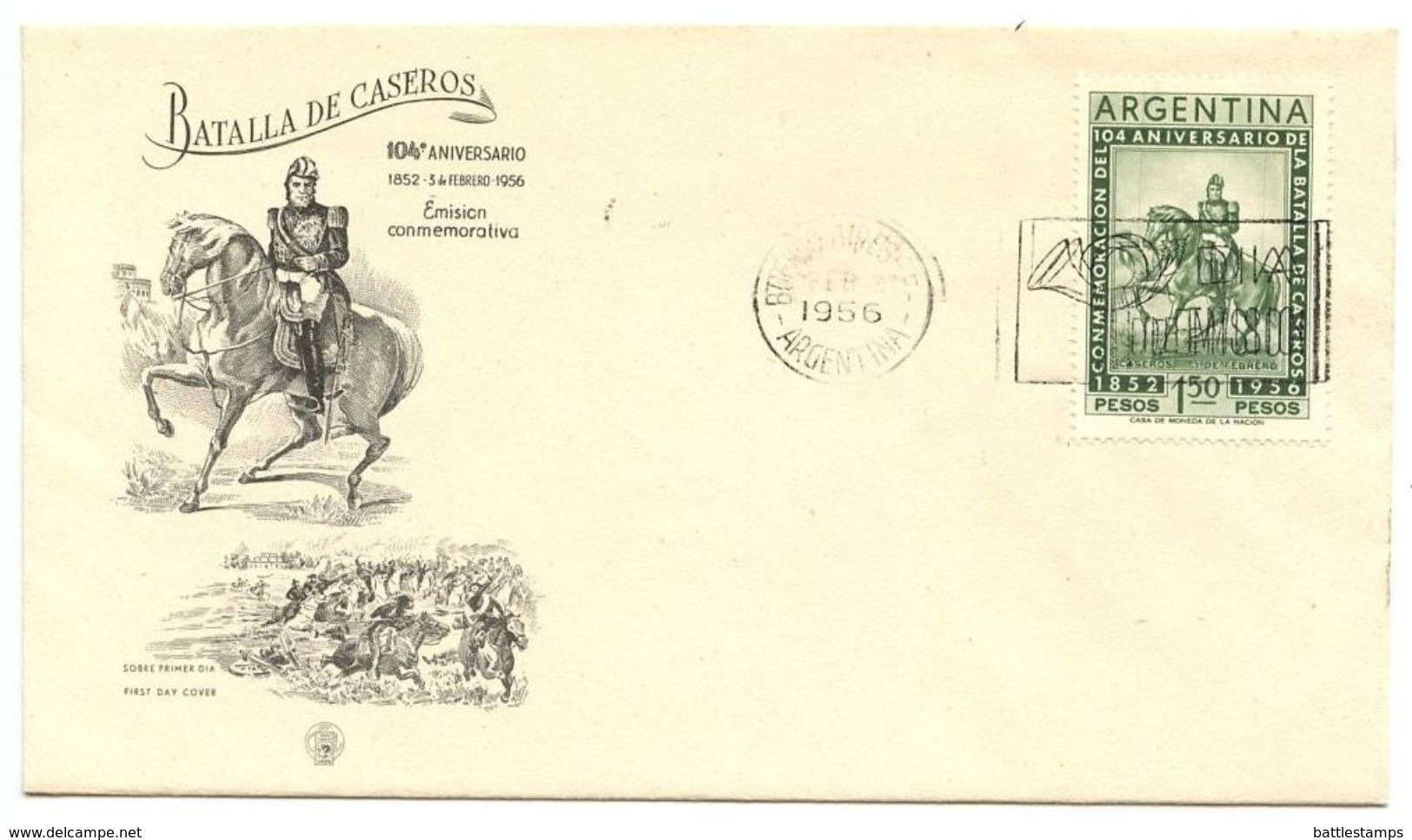 Argentina 1956 Scott 649 FDC Battle Of Caseros, 104th Anniversary - FDC