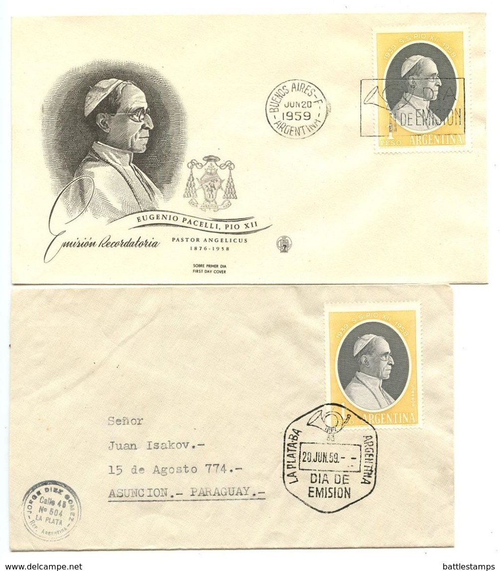 Argentina 1959 Scott 681 2 FDCs Pope Pius XII - FDC