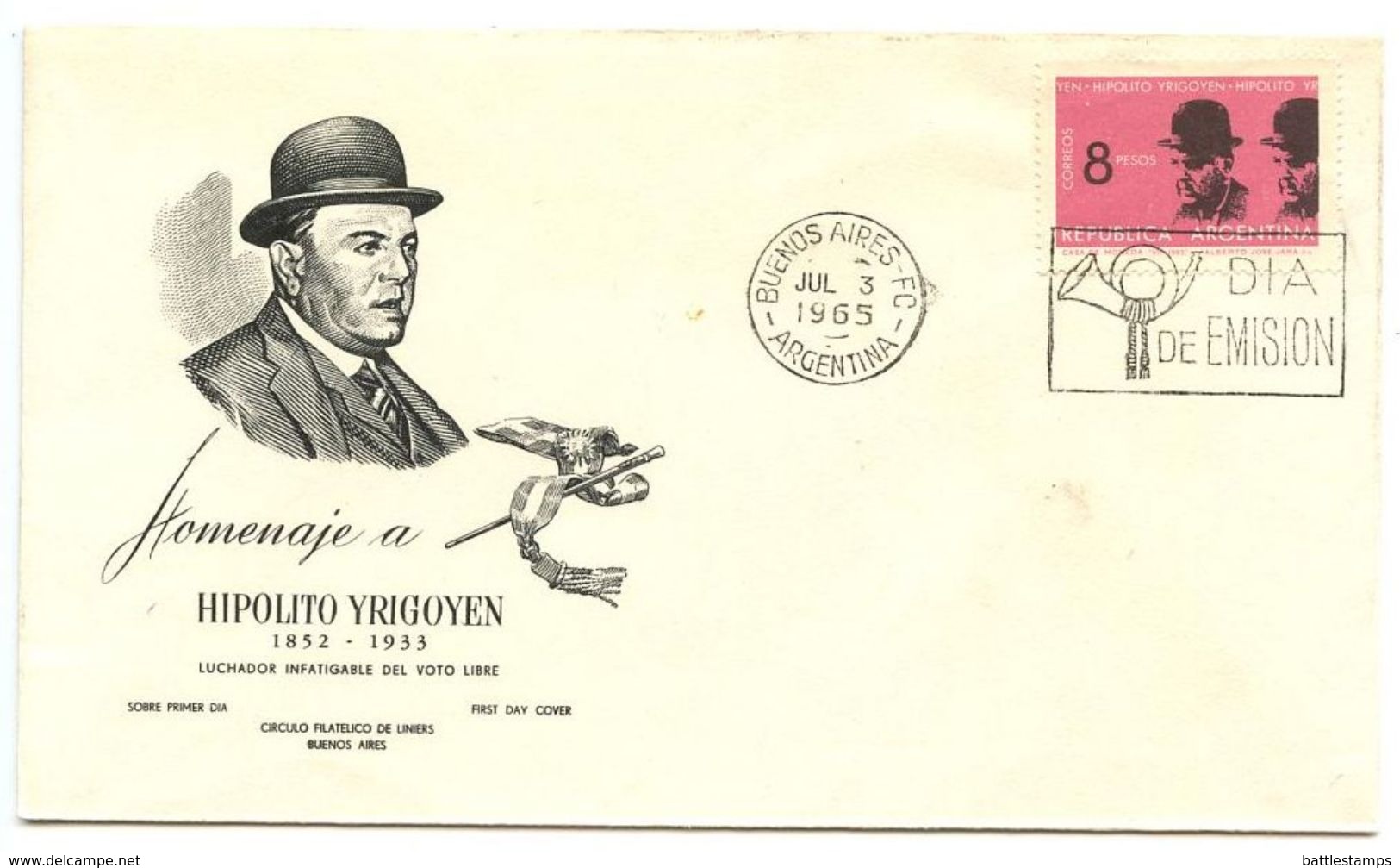 Argentina 1965 Scott 779 FDC President Hipolito Yrigoyen - FDC