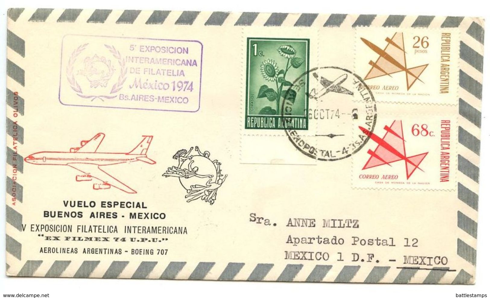 Argentina 1974 Special Flight Cover Philatelic Exposition - Ex Filmex 74 U.P.U. - Covers & Documents