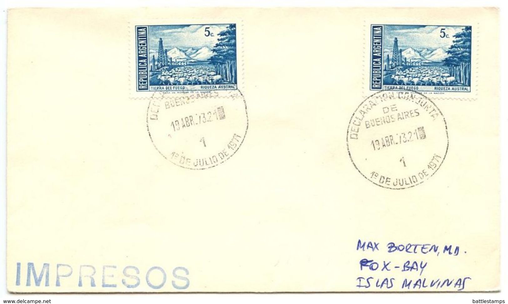 Argentina 1973 Declaración Conjunta De Buenos Aires Cover To Falkland Islands - Covers & Documents