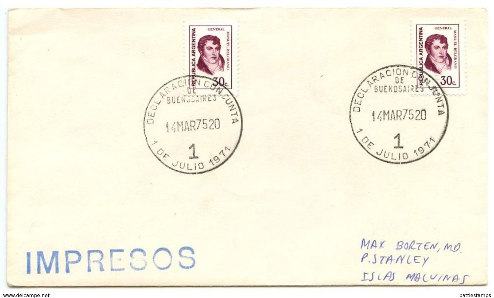 Argentina 1975 Declaración Conjunta De Buenos Aires Cover To Falkland Islands - Covers & Documents