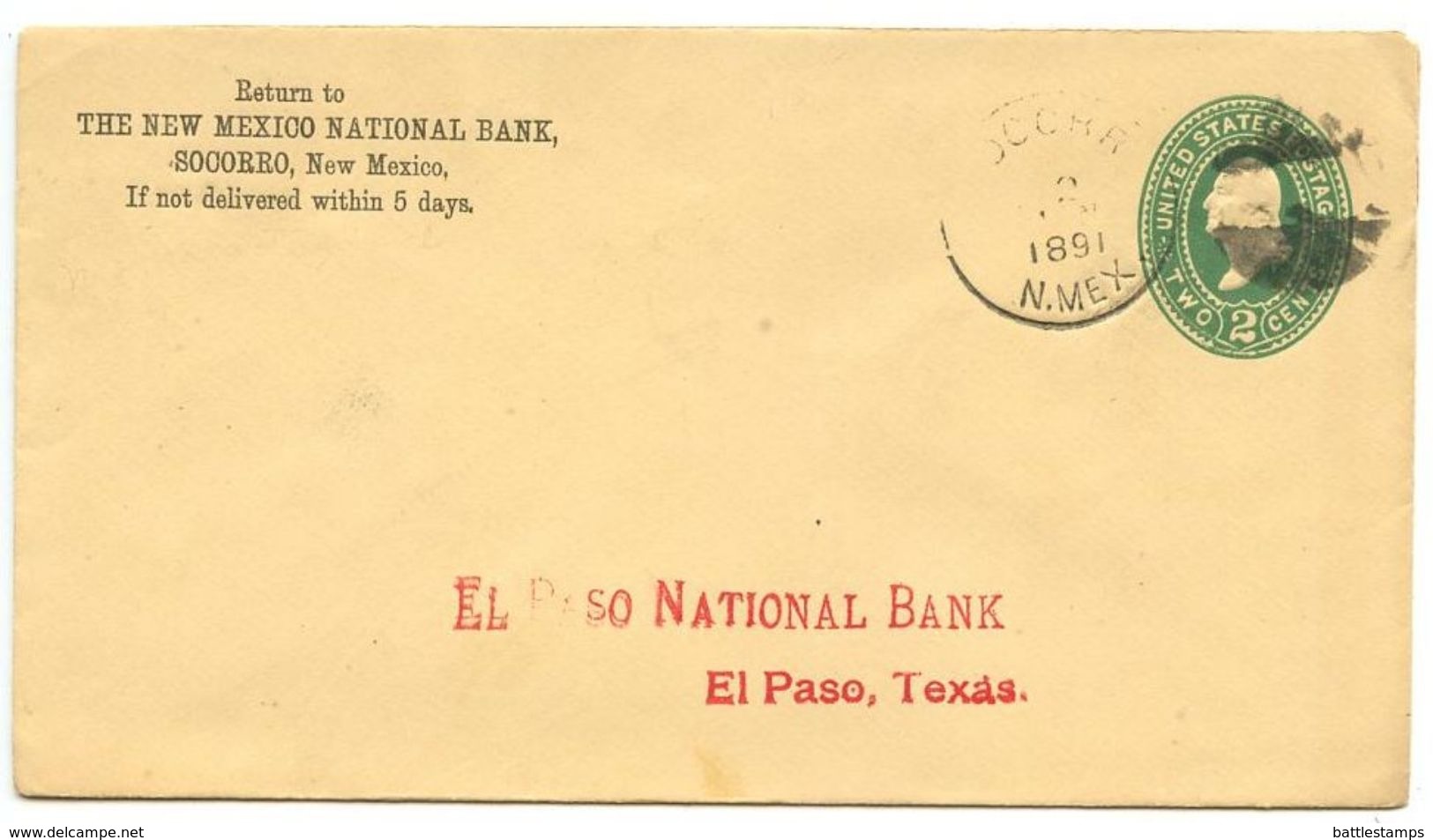 United States 1891 Postal Envelope Socorro, New Mexico To El Paso, Texas - ...-1900