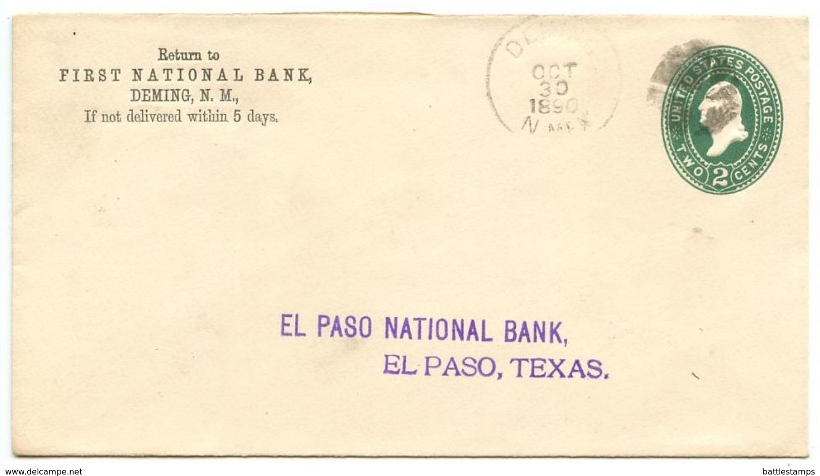 United States 1890 Postal Envelope Deming, New Mexico To El Paso, Texas - ...-1900