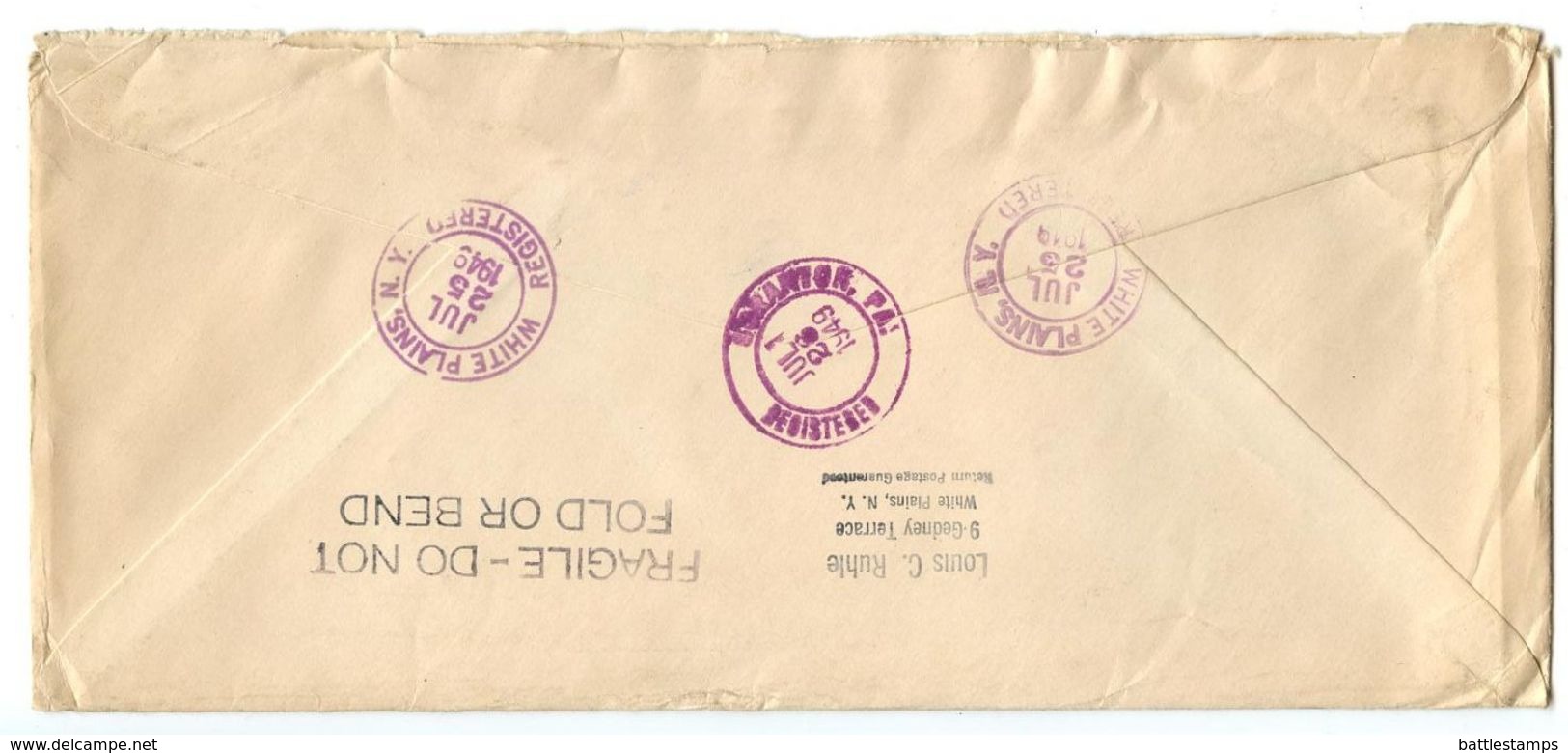United States 1949 Registered Cover White Plains, New York To Scranton, Pennsylvania - Covers & Documents