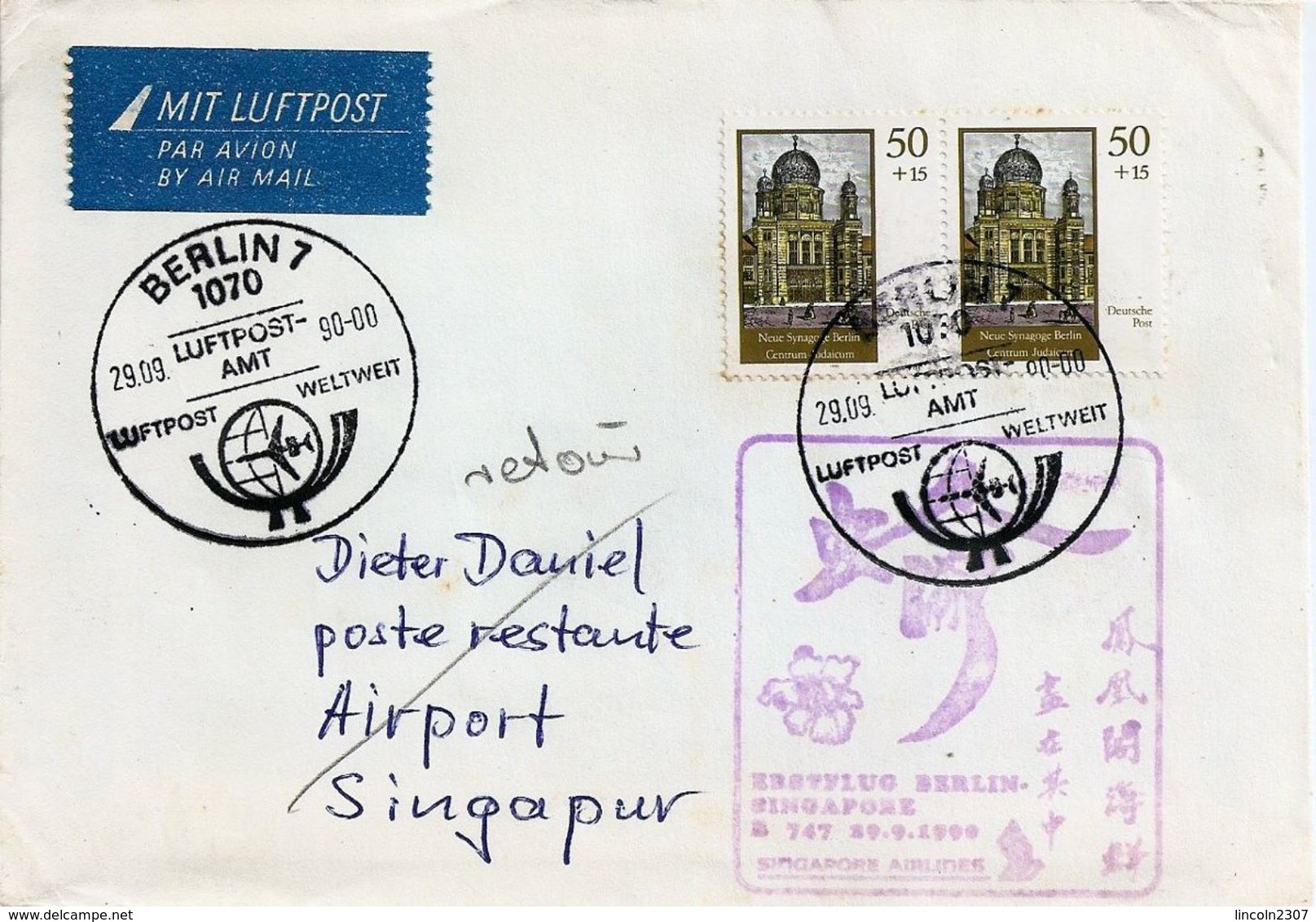 LSJP GERMANY COVER RETURNED SEAL SINGAPURA 1990 - Covers & Documents