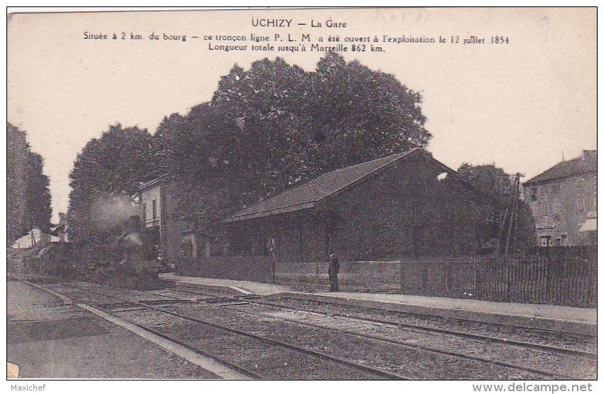 Uchizy - La Gare (Le Train Va Redémarrer, Texte Historique Du Tronçon P.L.M.) Circulé 1919, Sous Enveloppe - Other & Unclassified