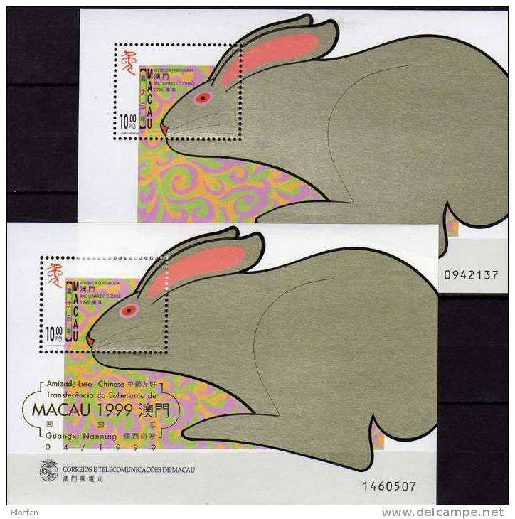 Festival 1999 MACAO Block 62+ 62 I ** 10€ Jahr Des Hasen Kalender China Year Of Hare Fogli Overprint Sheet Bf Macau - Collections, Lots & Series