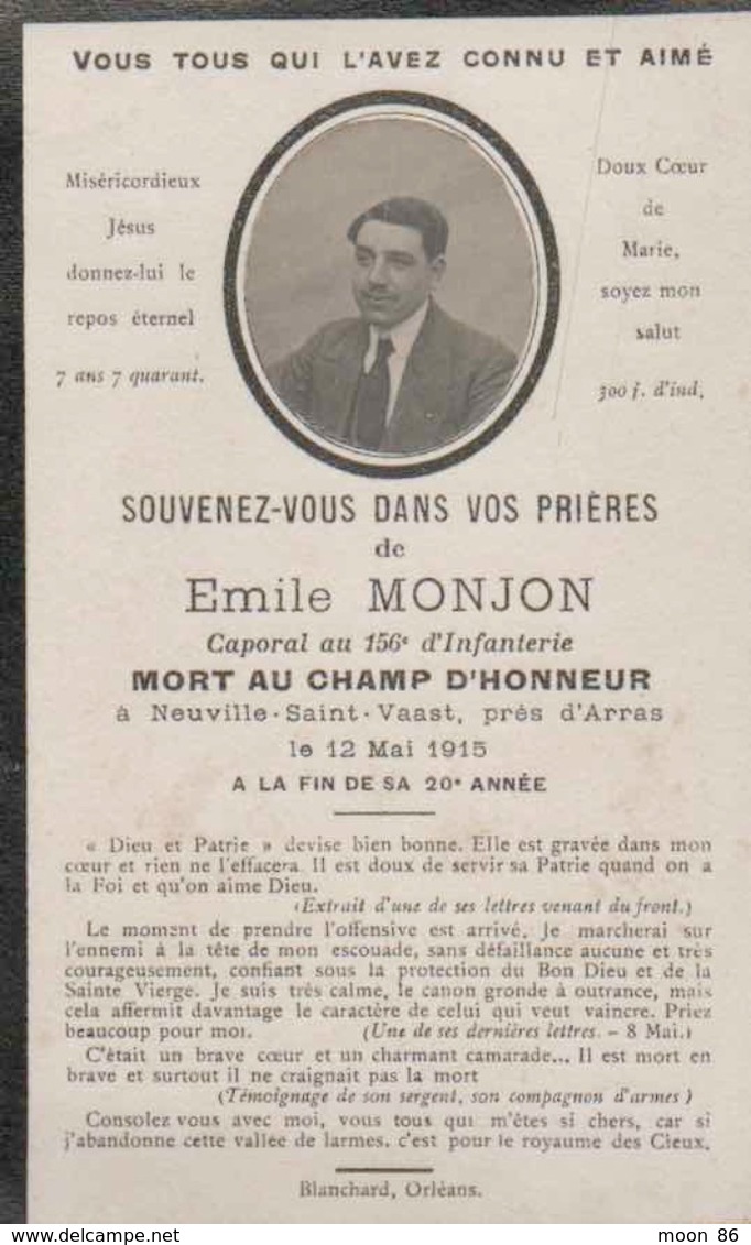 Souvenir Mortuaire EMILE MONJON (1895 - 1915) CAPORAL DU 156 D'INFANTERIE  Mort Au Champ D’honneur à NEUVILLE ST VAAST - Décès