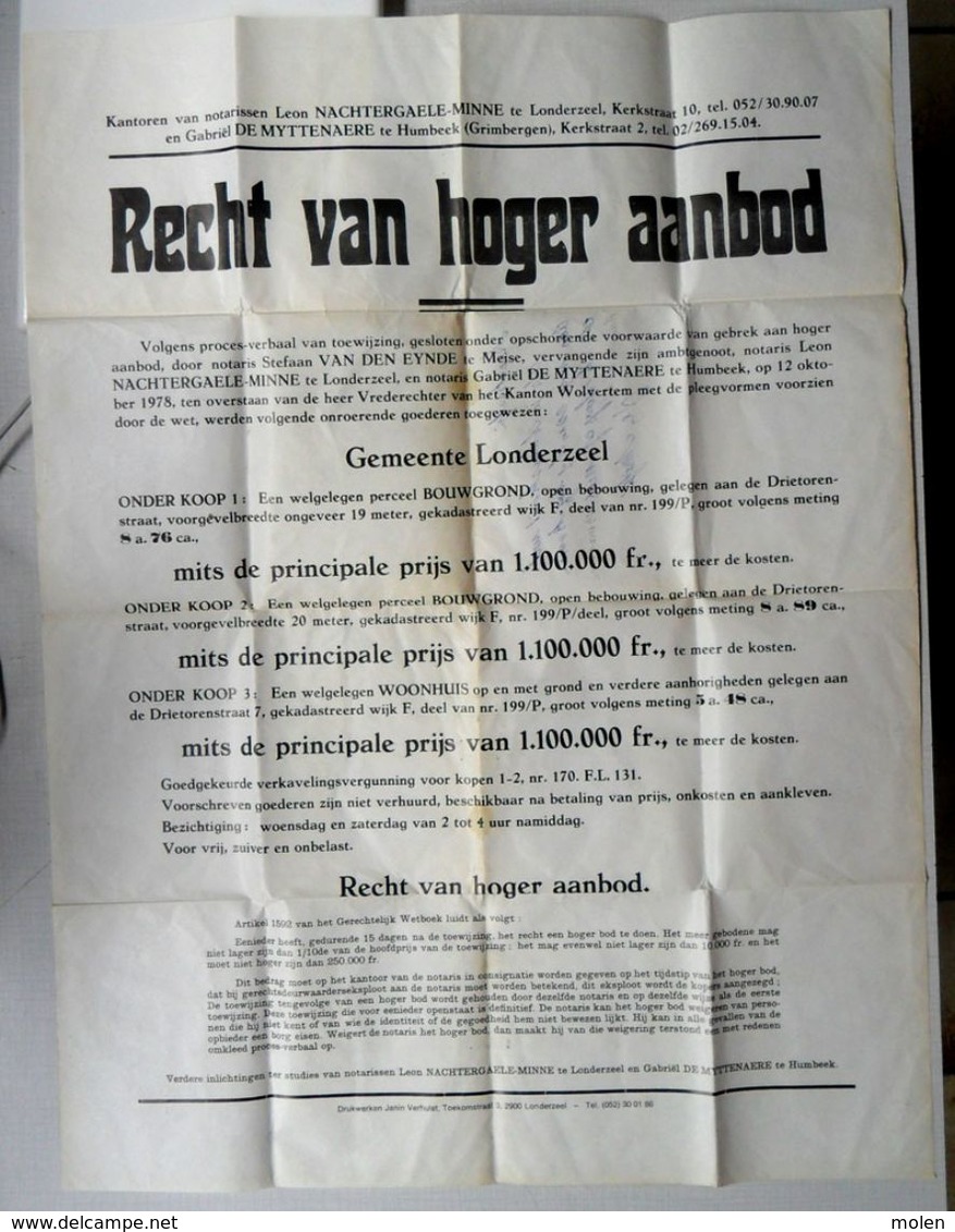 AFFICHE LONDERZEEL ©1978 Oa Huis Te Drietorenstraat 7 En Bouwgrond Recht Van Hoger Bod NOTARIS NACHTEGAELE MINNE R419 - Londerzeel