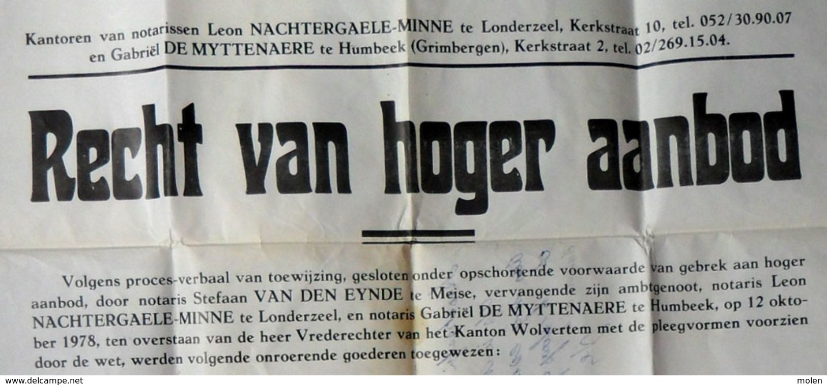 AFFICHE LONDERZEEL ©1978 Oa Huis Te Drietorenstraat 7 En Bouwgrond Recht Van Hoger Bod NOTARIS NACHTEGAELE MINNE R419 - Londerzeel