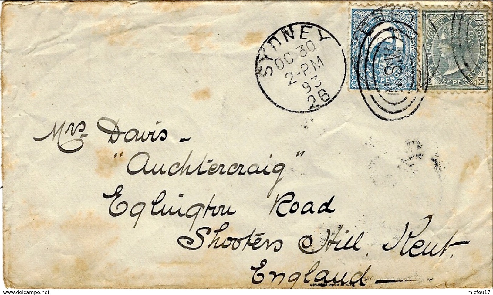 1893- Cover From Sydney To England  Fr.  2 + 1/2 Pence - Storia Postale