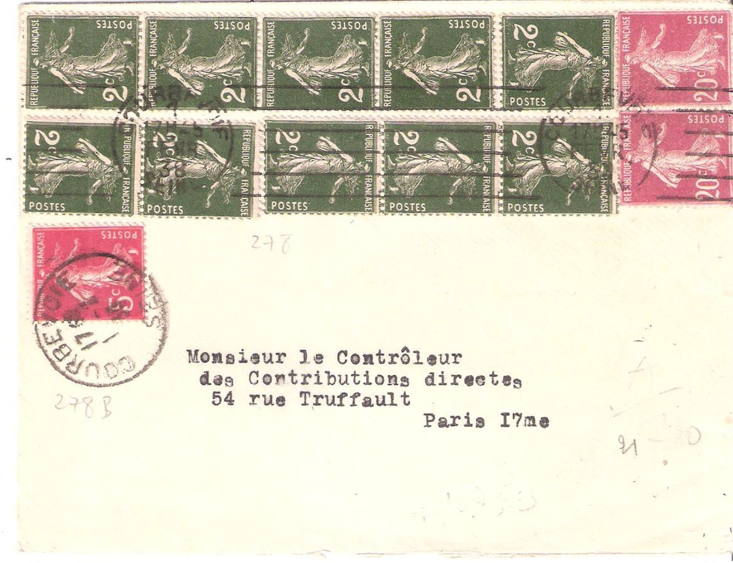 2c.semeuse Camée Vert Bande De 5 + Bande De 4 +1+divers Sur Lettre De COURBEVOIE - 1921-1960: Période Moderne