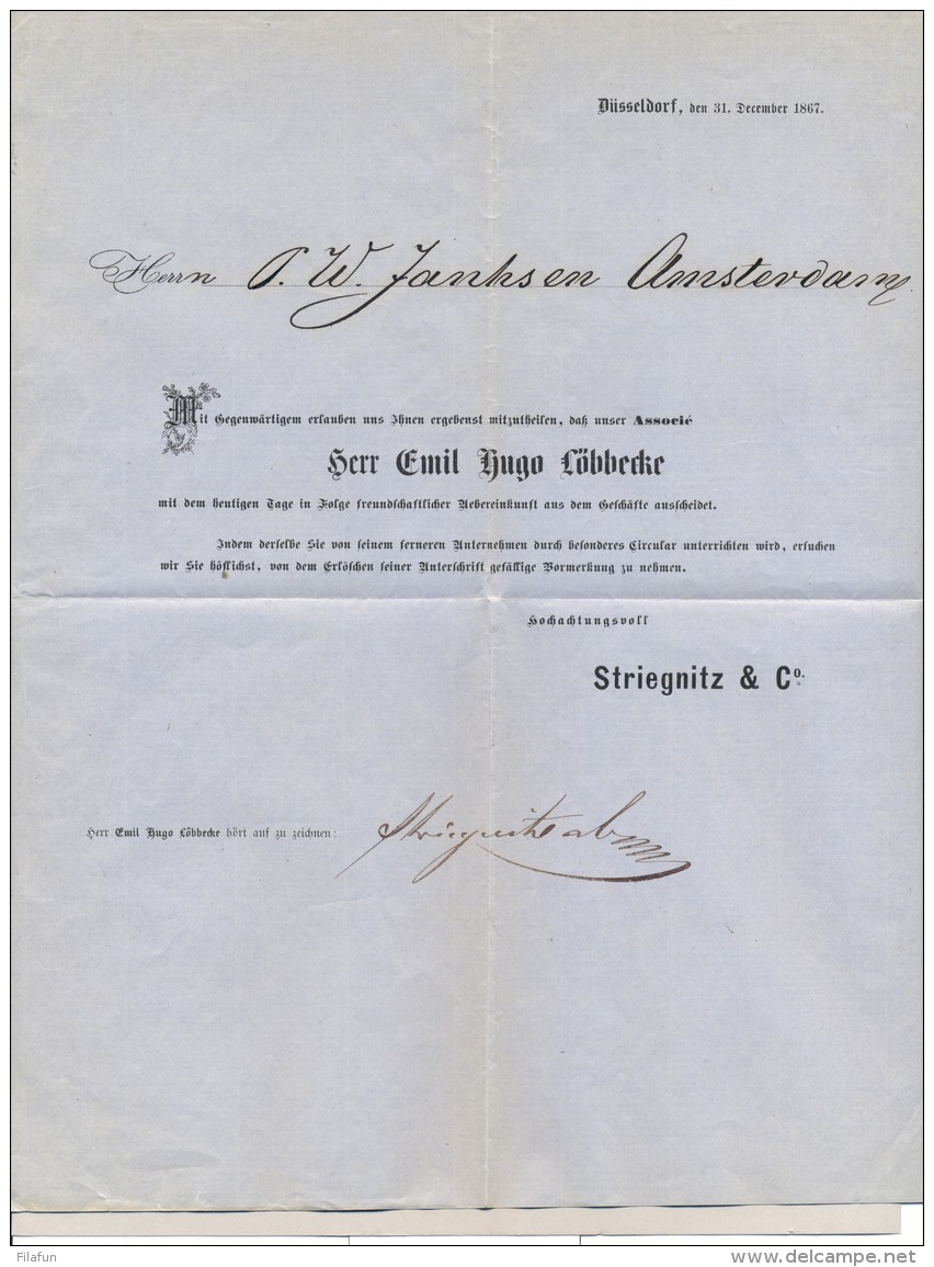 Nederland - 1868 - 1,5 Cent Drukwerkstempel Amsterdam Op Circulaire Met Voorafstempeling Uit Duesseldorf / Deutschland - ...-1852 Voorlopers