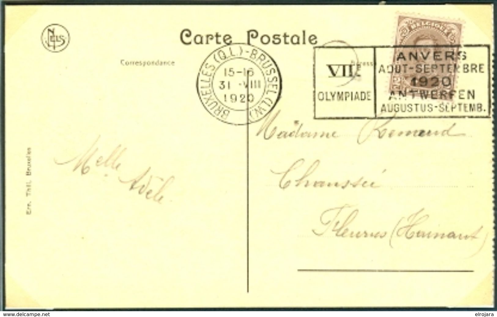 BELGIUM Postcard With Olympic Machine Cancel Bruxelles QL Brussel LW Dated 31-VIII 1920 Soccer Day - Sommer 1920: Antwerpen