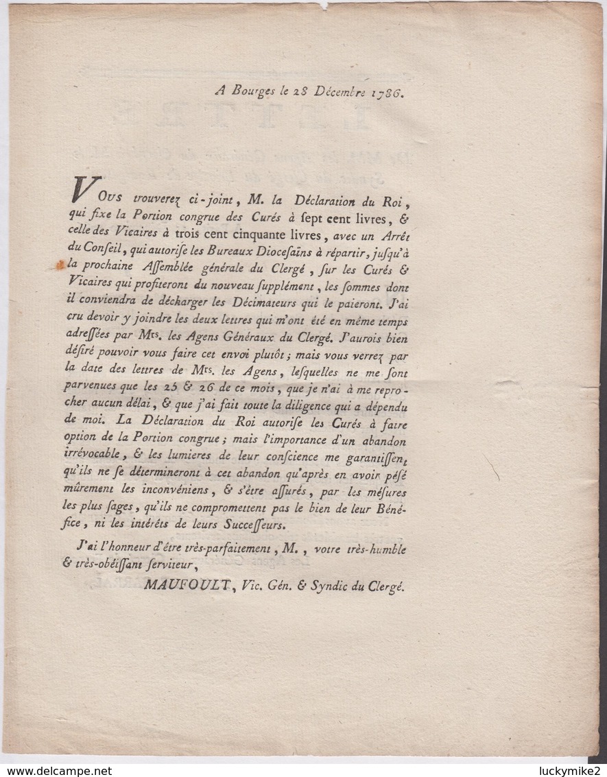 1786 Printed, French, Religous Letter.  Ref 0552 - Documenti Storici