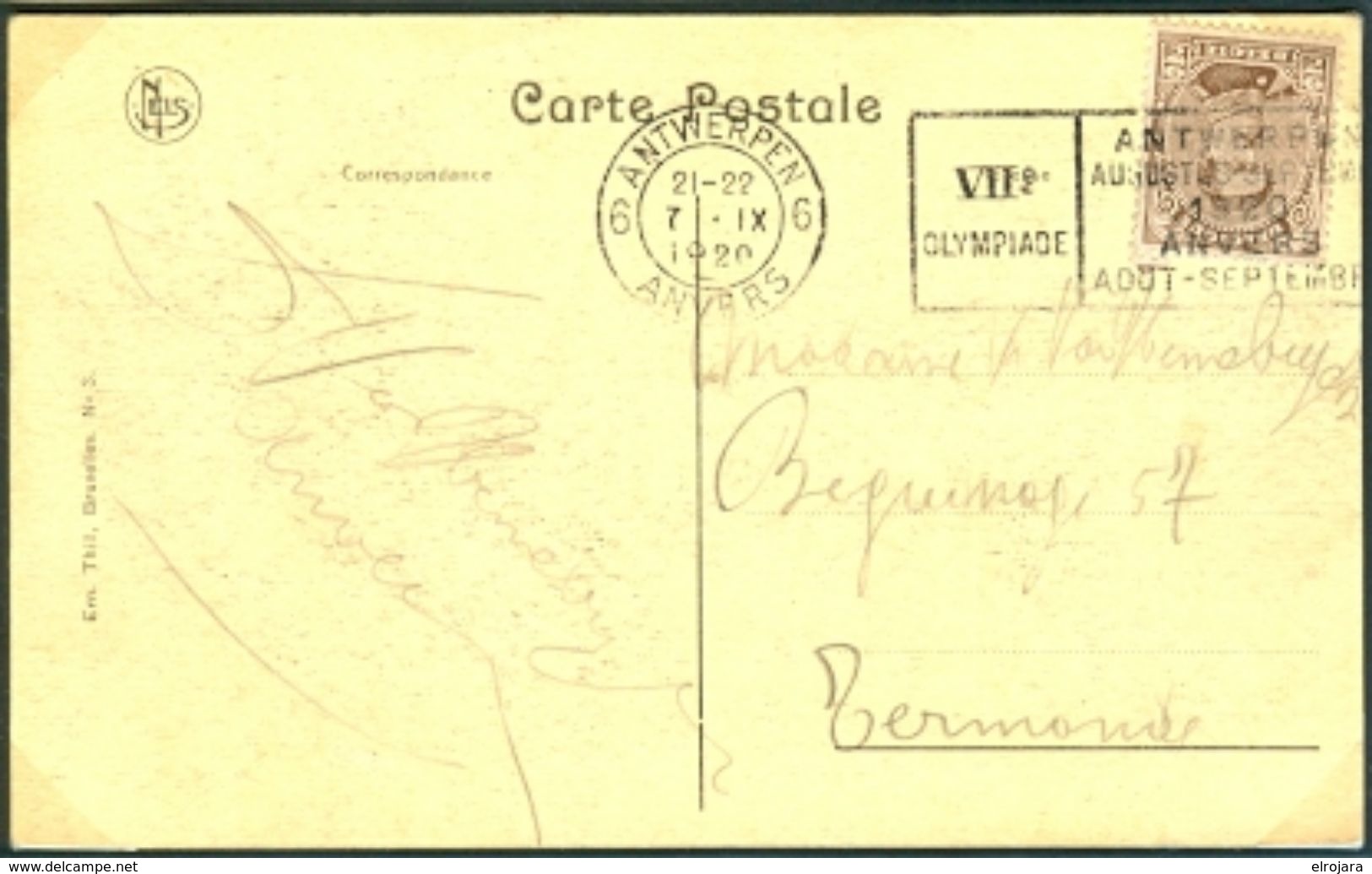 BELGIUM Postcard With Olympic Machine Cancel Antwerpen 6 Anvers Dated 7-IX-1920 Equestrian Day - Zomer 1920: Antwerpen