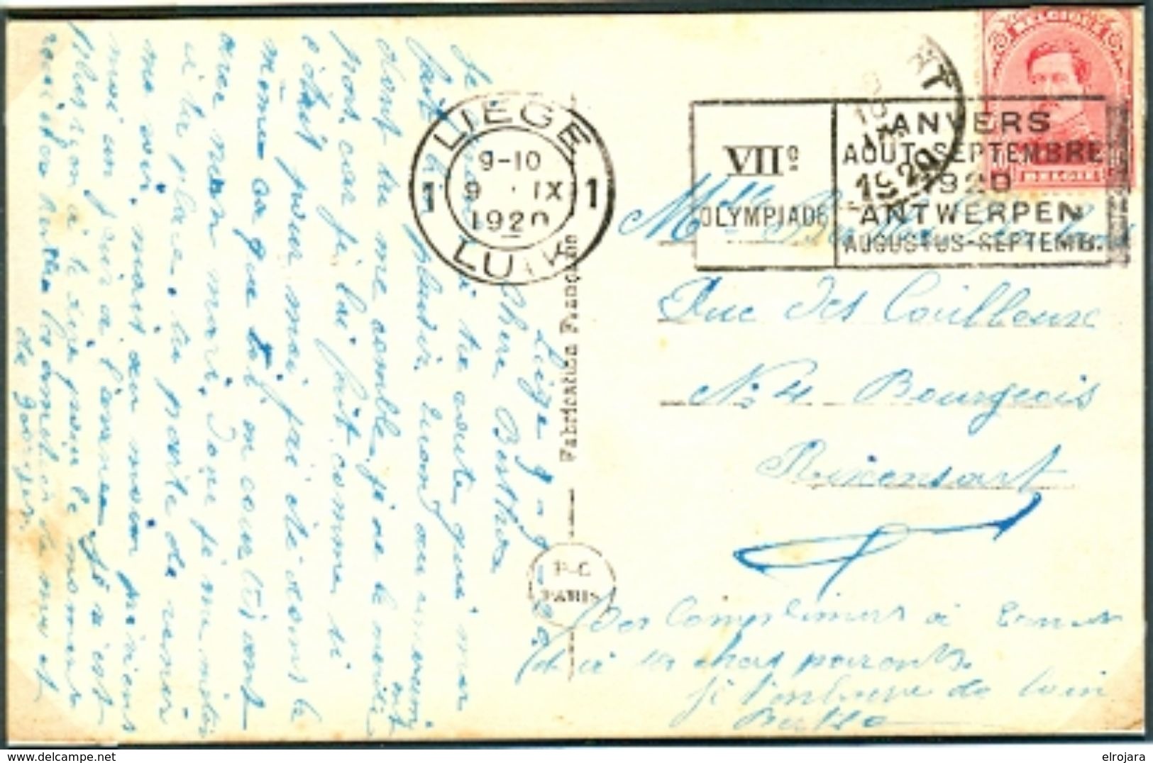 BELGIUM Postcard With Olympic Machine Cancel Liege 1 Luik Dated 9-IX-1920 Equestrian Day - Sommer 1920: Antwerpen