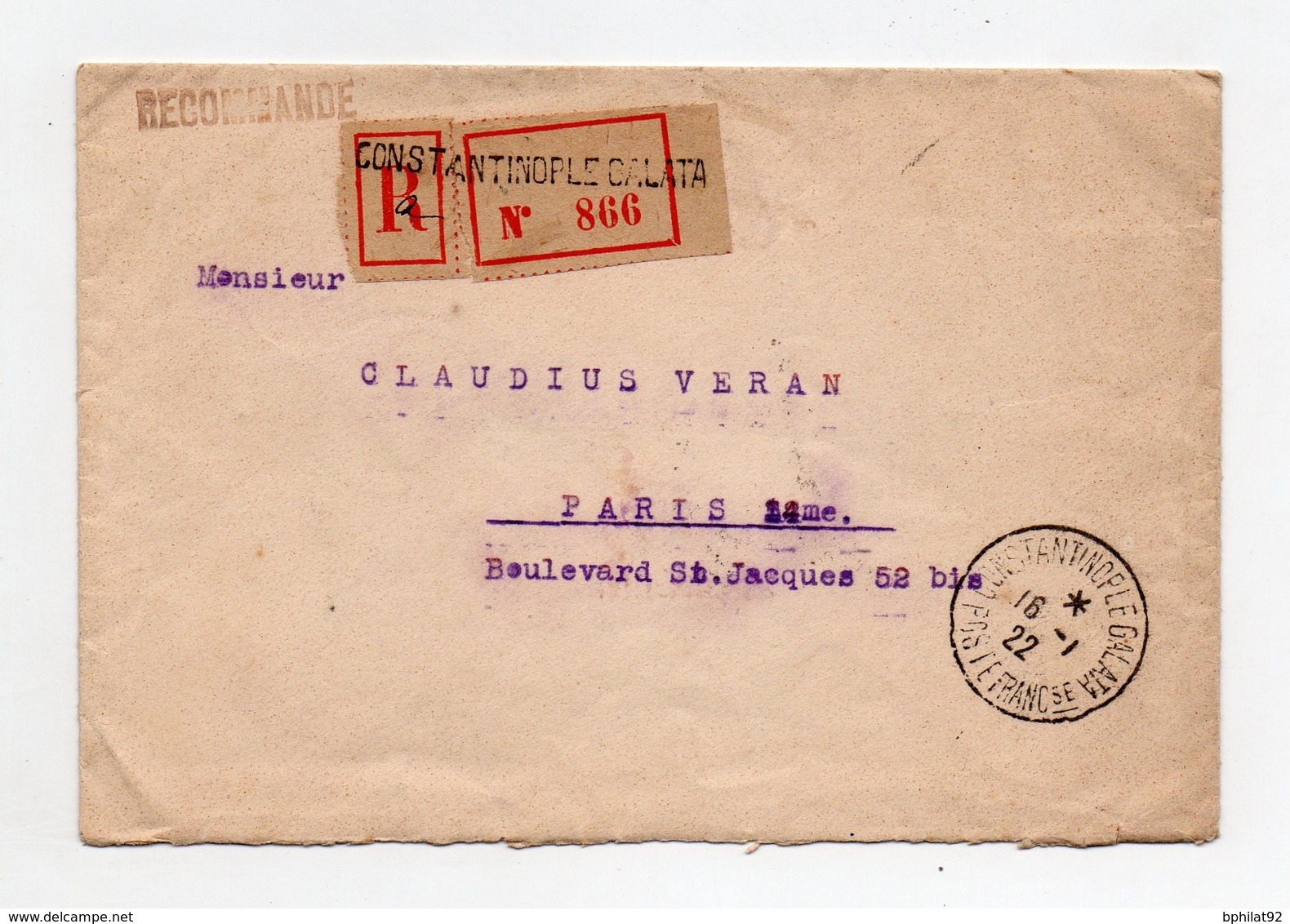 !!! PRIX FIXE : 1F MERSON SEUL SUR LETTRE RECOMMANDEE DE CONSTANTINOPLE DE 1922 POUR PARIS - Covers & Documents