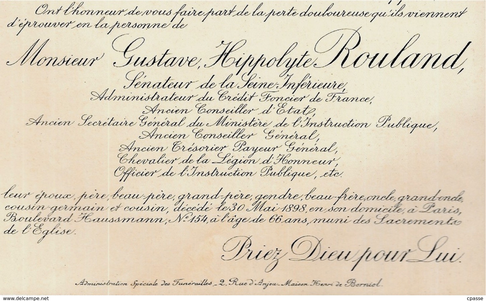 1898 FAIRE-PART Décès 75008 Paris Bd Haussmann Gustave Hippolyte ROULAND Sénateur De "la Seine-Inférieure" (76) - Décès