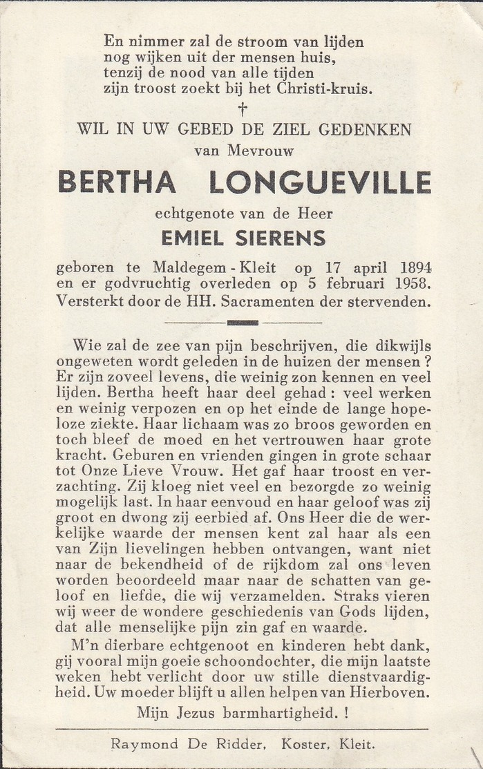 Longueville Bertha - Sierens Emiel ° Maldegem 1894 + Aldaar 1958    Lot 205 - Devotion Images