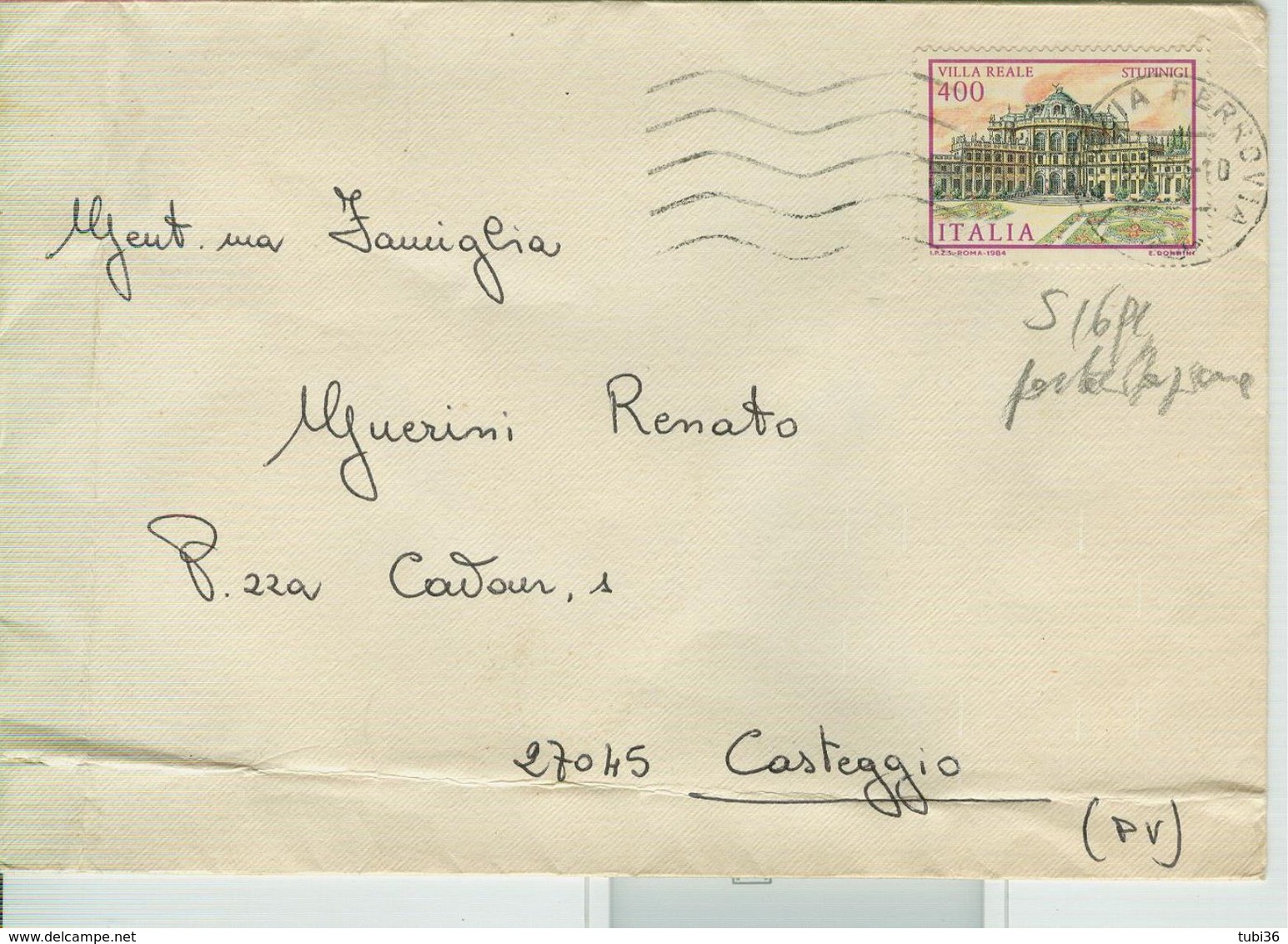 VILLE REALE £.400 - ISOLATO SU PARTECIPAZIONE,TIMBRO POSTE VENEZIA-CASTEGGIO (PAVIA) - 1981-90: Storia Postale