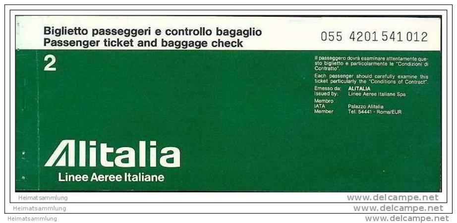 Alitalia - Linee Aeree Ilaliane 1977 - Johannesburg Rome Zurich - Tickets