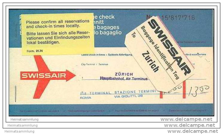Swissair 1968 - Zurich Rome Zurich - Tickets