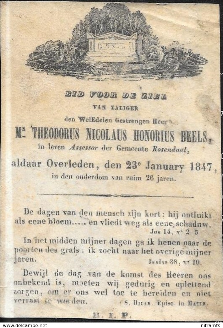 Rosendaal. Oud Doodsprentje Op Velijn. T. N. H. Beels.1847. - Religion & Esotérisme