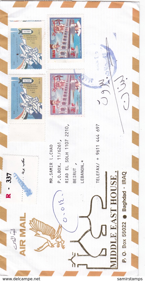 Iraq Registr.com.cover 2002,2 Stamps ERRORS :Bombing USA Shifted Perfo.Brdge Saddam Missin Black Inscrpt-note Michel- - Iraq