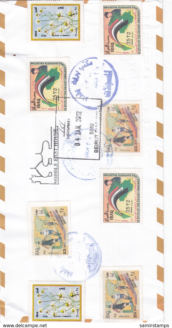 Iraq Registr.com.cover 2002,2 Stamps ERRORS :Bombing USA Shifted Perfo.Brdge Saddam Missin Black Inscrpt-note Michel- - Iraq