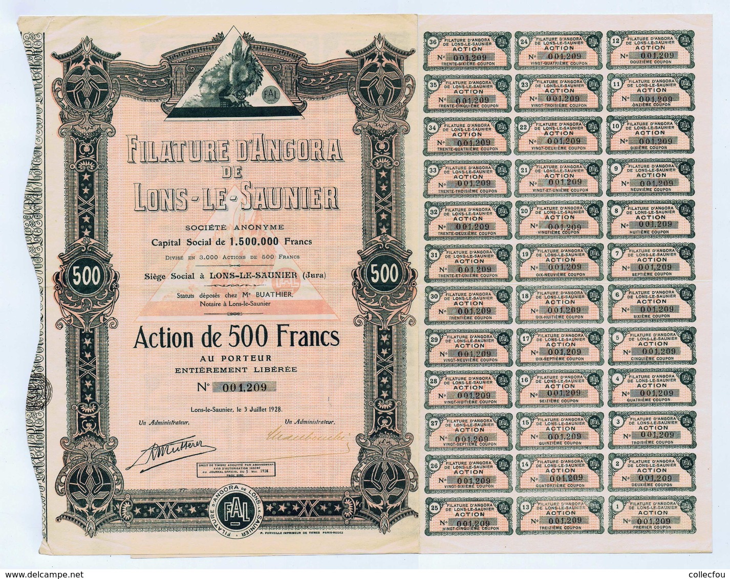 FILATURE D"ANGORA DE LONS-LE-SAUNIER (Jura). Action De 500 Francs, 1928. Complète De Ses 36 Coupons. - Textile