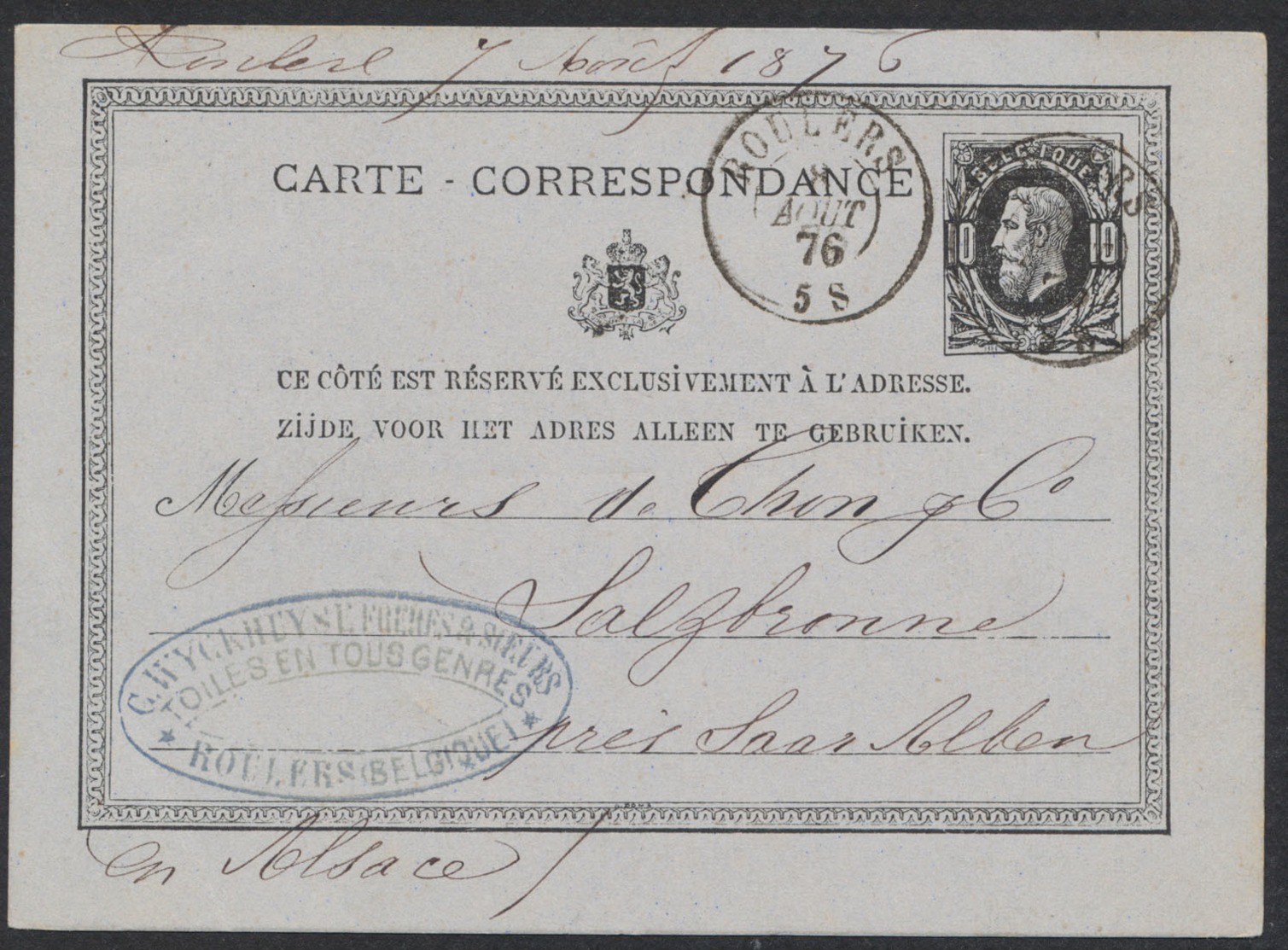 EP Au Type 10ctm Noir Obl Double Cercle "Roulers" 8/8/1876 Vers Salzbronne Près De SaarAlben (Alsace - France) - Tarjetas 1871-1909