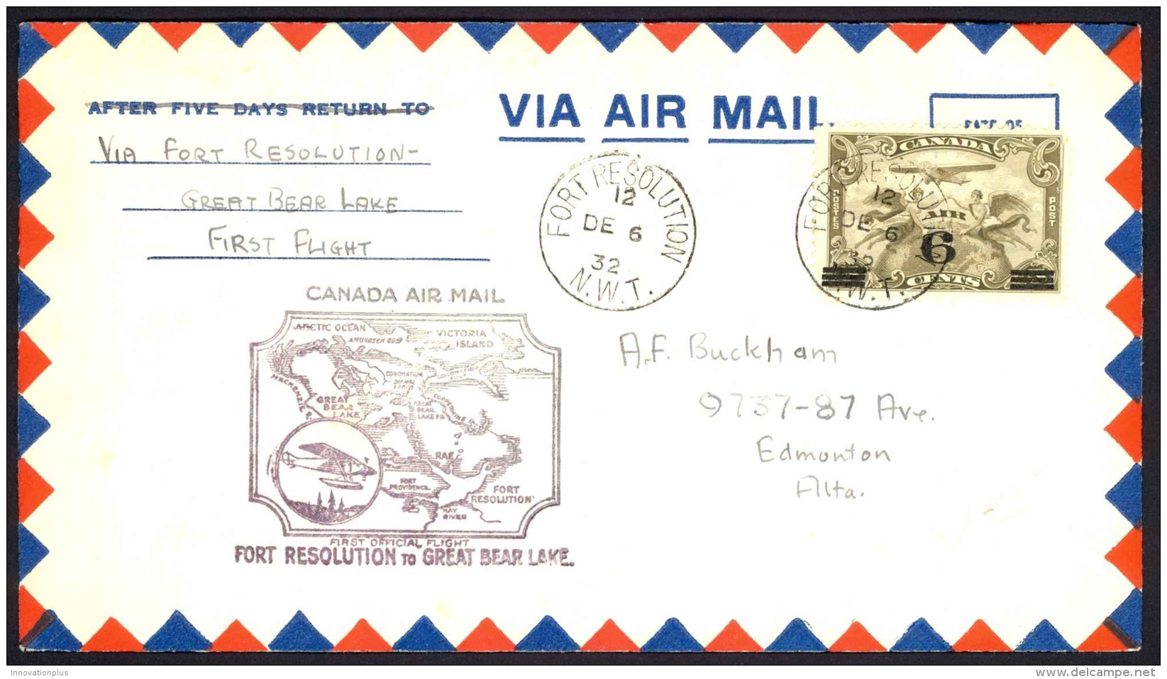 Canada Sc# C3 First Flight Cover (Fort Resolution, NWT&gt;Great Bear Lake,NWT) 1932 12.6 - First Flight Covers