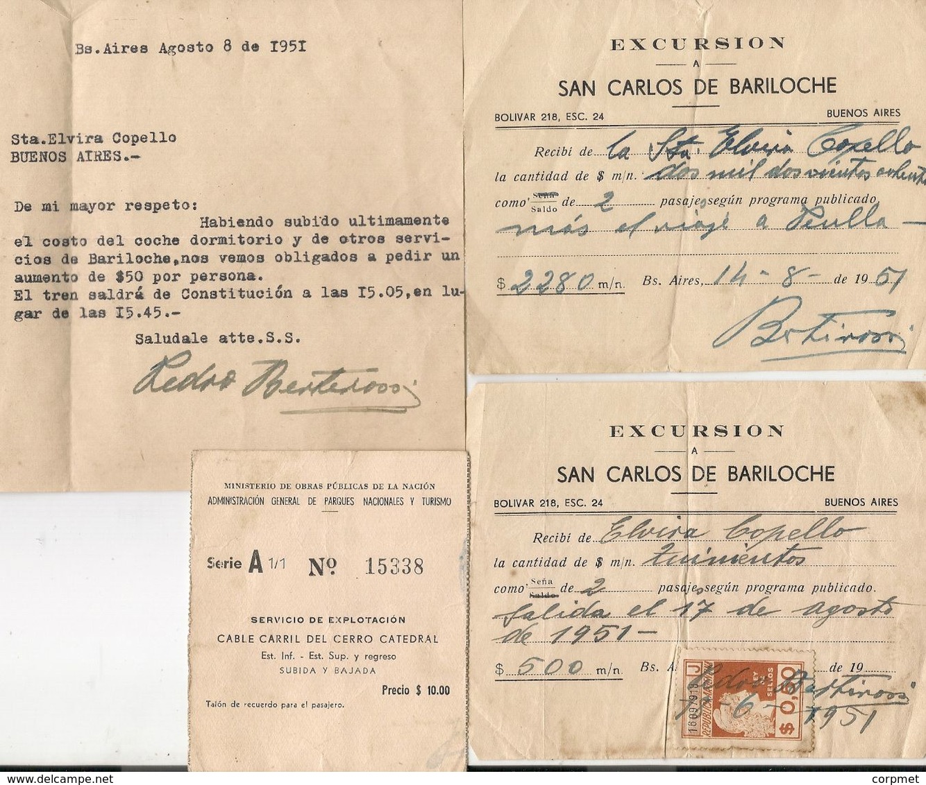 BARILOCHE - 1951 TOUR - Documento Reajuste De Precios - ENTRADA CABLE CARRIL CERRO CATEDRAL - Recibos Con Timbre Fiscal - Biglietti D'ingresso