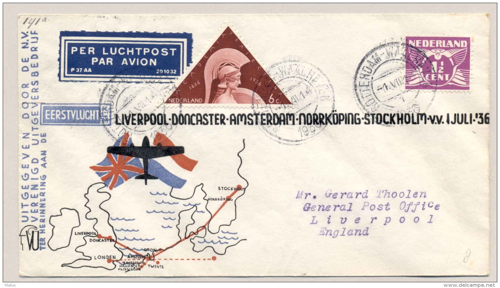 Nederland - 1936 - LP-cover Ter Herinnering First Flight Liverpool - Stockholm Vv - Van Rotterdam Naar Liverpool - Brieven En Documenten