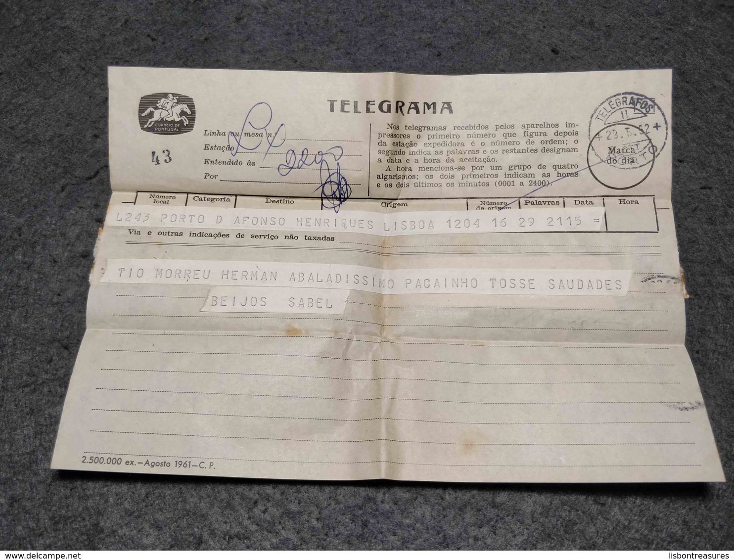 PORTUGAL CIRCULATED TELEGRAMME PORTO CANCEL 1962 - Covers & Documents