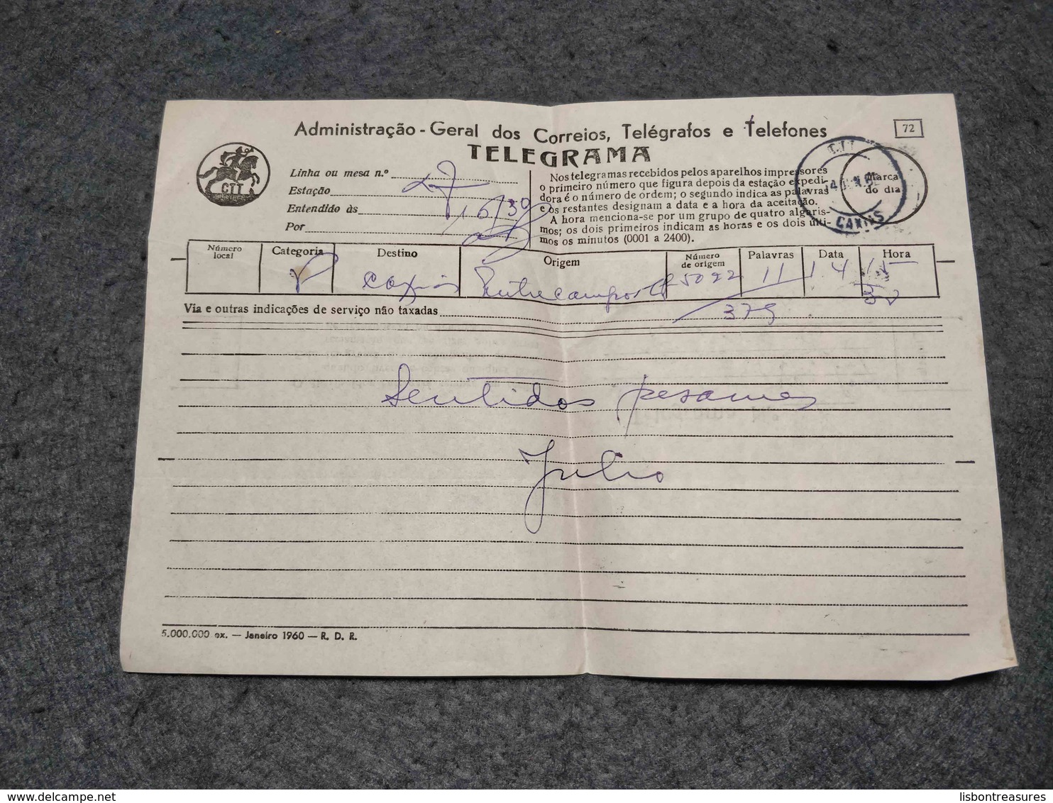 PORTUGAL CIRCULATED TELEGRAMME CAXIAS CANCEL UNKNOWN DATE - Lettres & Documents