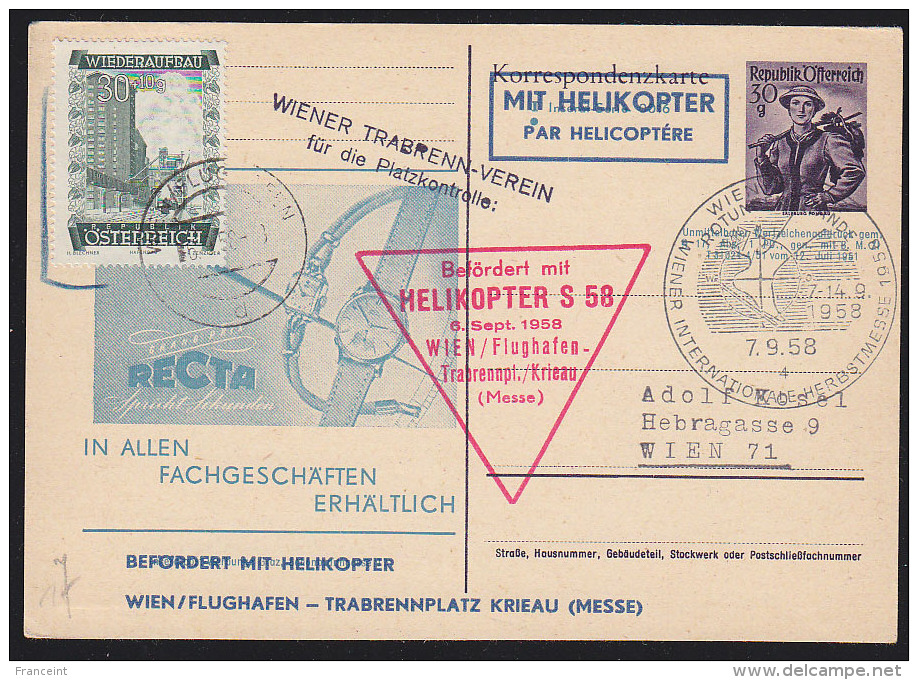 Austria (1958) Watches. Transport By Helicopter. Illustrated 30gr Postal Card With Triangular And Rectangular Stamps Ind - Other & Unclassified