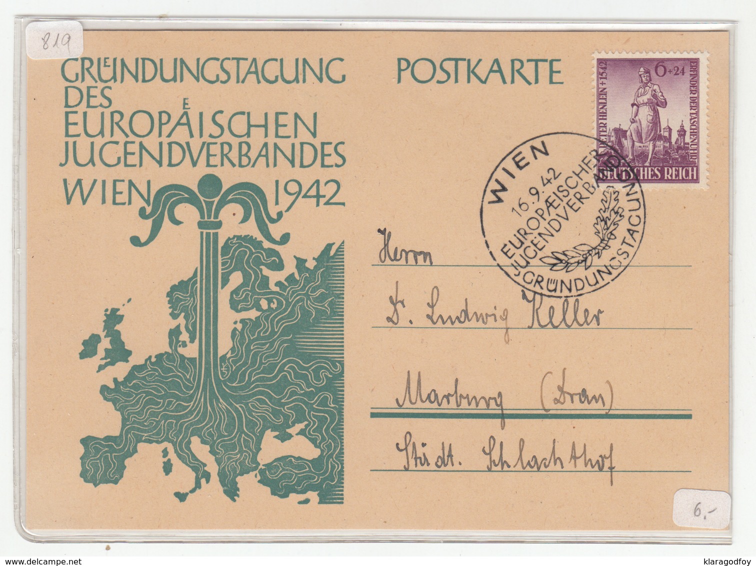 Germany, Gründungstagung Des Europäischen Jugendverbandes 1942 Wien Special Pmk & Illustrated Postkarte Travelled - Briefe U. Dokumente