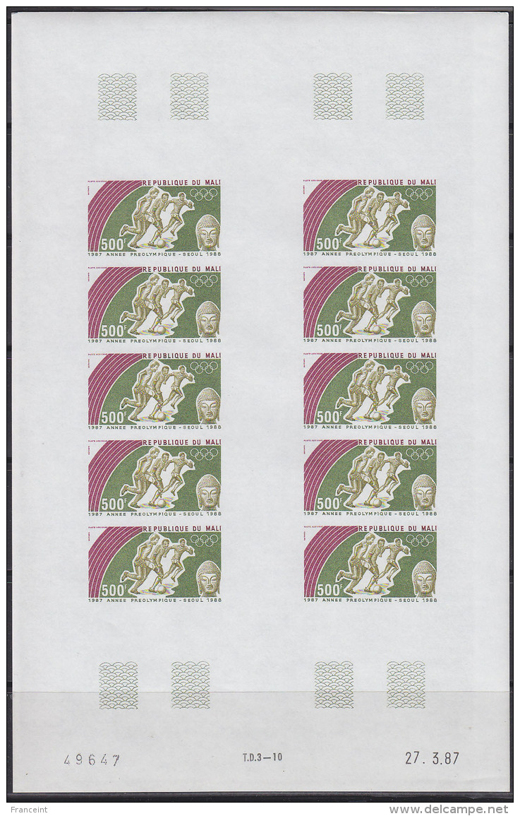 Mali (1980) Runners. Buddha. Full Sheet Ofo 10 Imperforates. Scott No C536, Yvert No PA526. Seoul Pre-Olympics. - Estate 1988: Seul