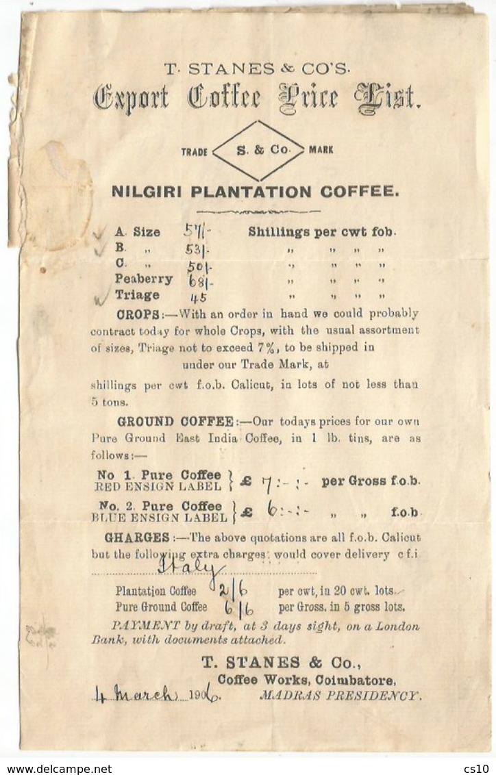 Coffee Trade Export Coffee Price List X Italy Customers By Nilgiri Plantation In Coimbatore Madras Presidency 4mar 1906 - Caffé