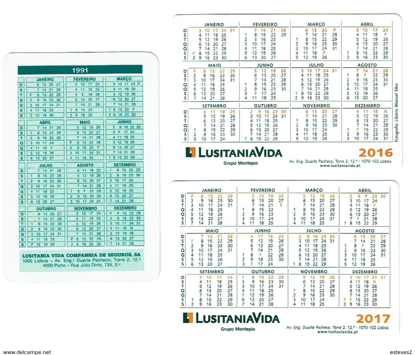 Portugal , LUSITANIA VIDA , 1991 , 2016 ,  2017 ,  Calendar , Calendrier , Insurance , Assurance , Seguros - Other & Unclassified