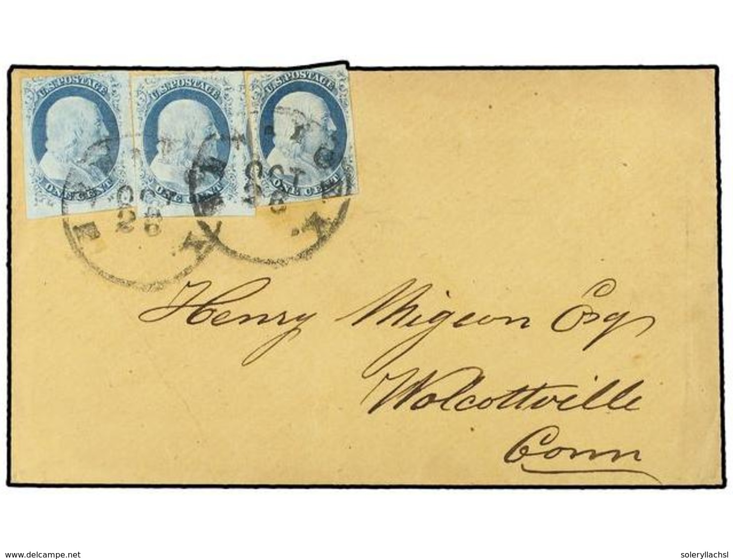 5520 ESTADOS UNIDOS. 1851. <B>1c.</B> Deep Blue Imperforate, Three Fine Single Examples (Types II And III) Used On Cover - Other & Unclassified