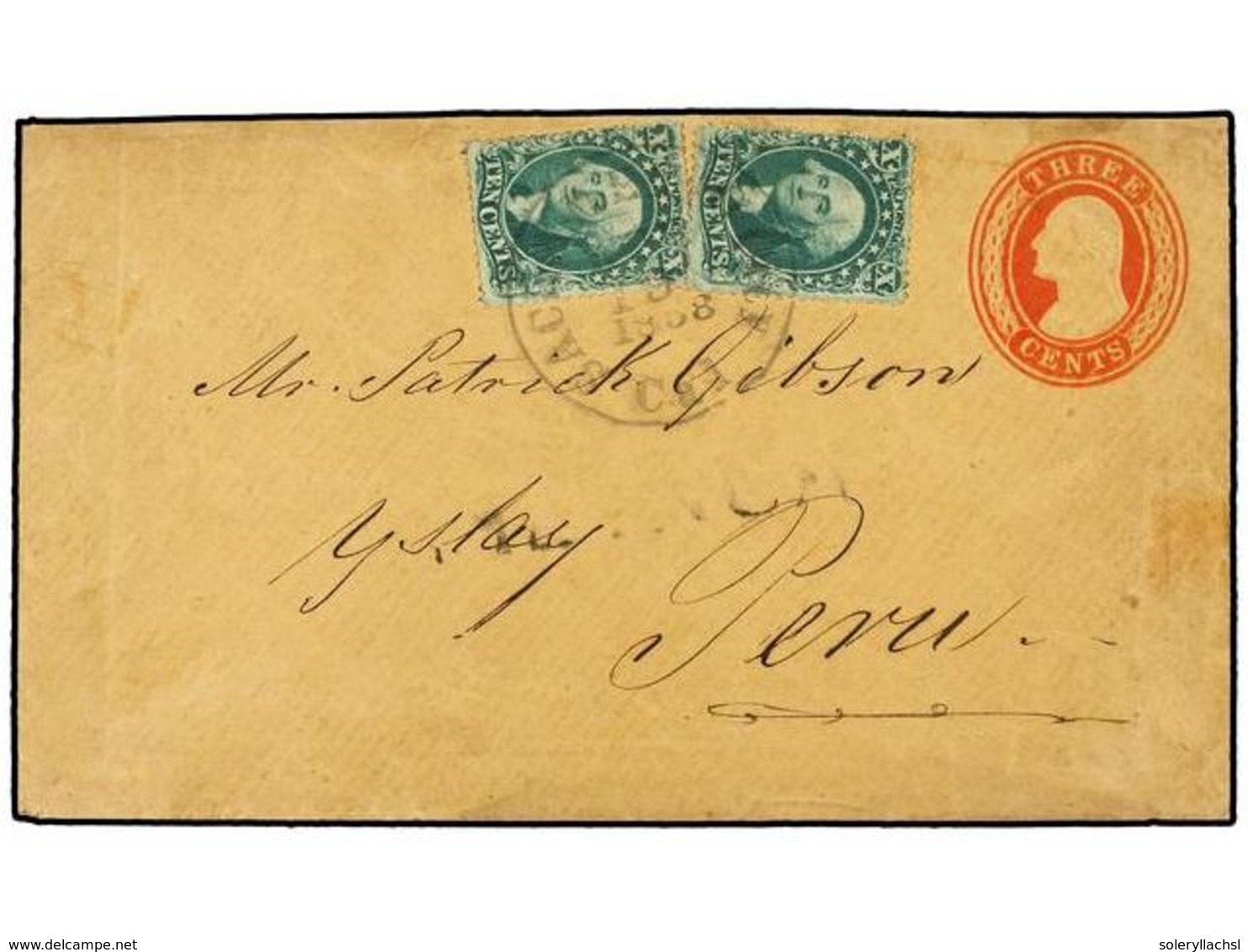 5523 ESTADOS UNIDOS. Sc.32 (2). 1858. SACRAMENTO (California) To ISLAY (Perú). Red <B>3 Cts.</B> Envelope Uprated With T - Sonstige & Ohne Zuordnung